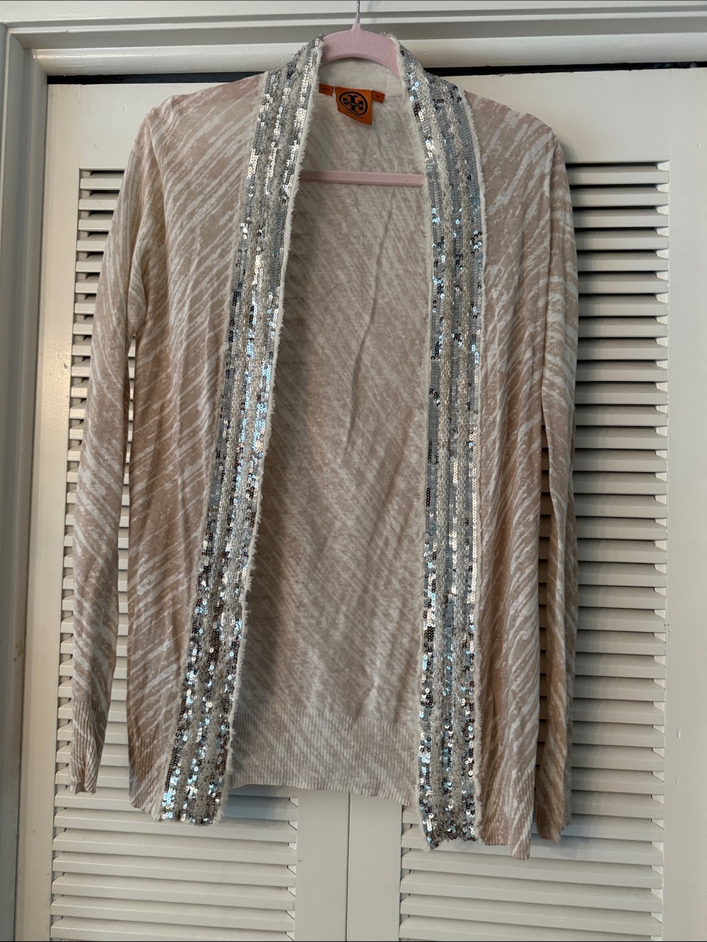 Tory Burch Beige Open Cardigan with Silver Sequin Trim
